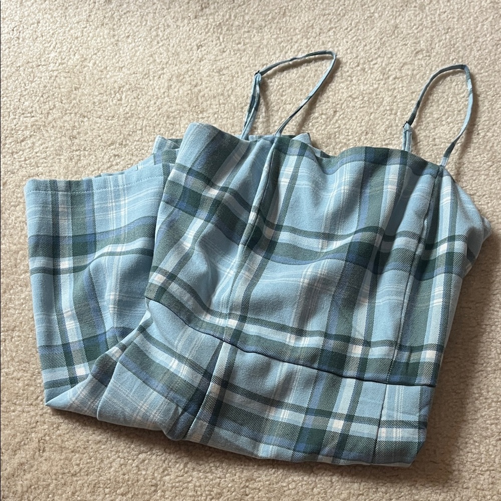 Plaid Spaghetti Strap Women Dress - Blue and Green